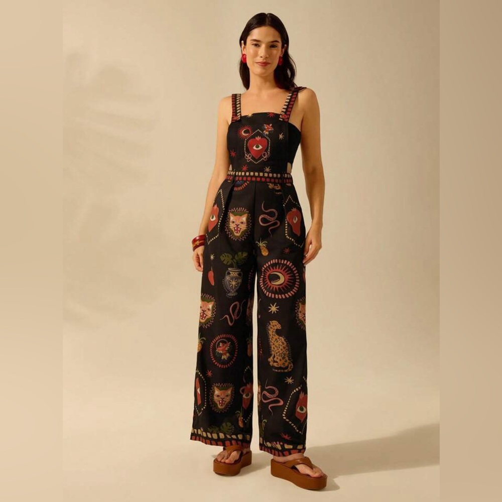 Cajuni Boho Leopard Devil's Eye Snake Bird Wide leg Jumpsuit Witchy SHEIN L - Picture 7 of 16
